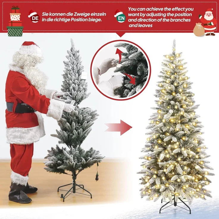 Yorbay Künstlicher Weihnachtsbaum Künstlicher Slim Tannenbaum aus PE und PVC, mit LED Beleuchtung, 180 / 210 cm auswählbar, mit Ständer, Schneeflocken, Schlankes Design, Weihnachtsbaum Christbaum für Weihnachten-Dekoration – Bild 4