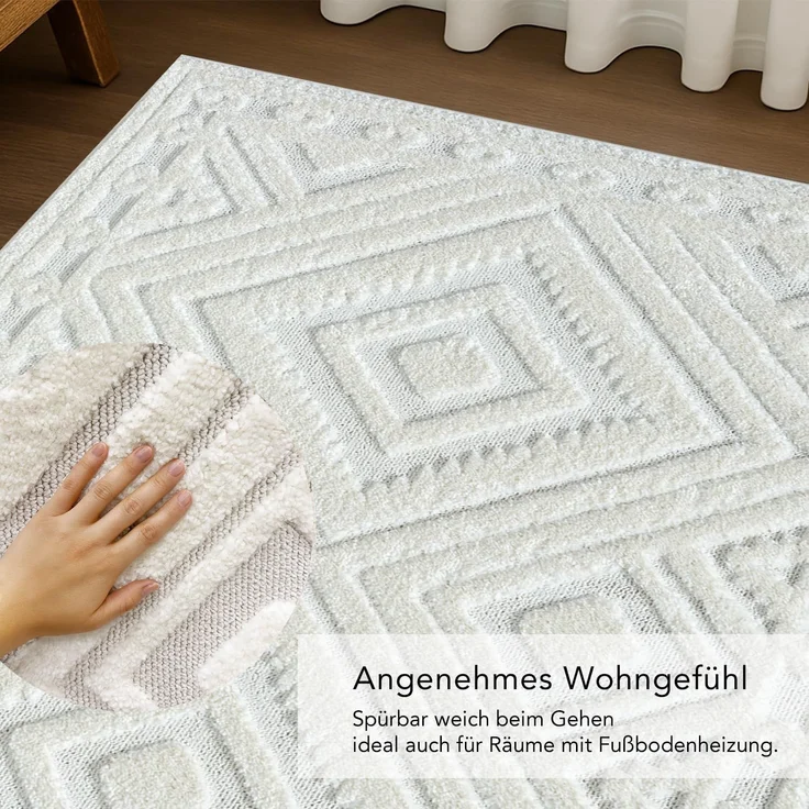 Teppich Wohnzimmer Hochflor - 120x170cm - Einfarbig - Pastell Creme - Boho - Modern Raute Muster- Skandinavisch Flauschig Weich - Schlafzimmer – Bild 3