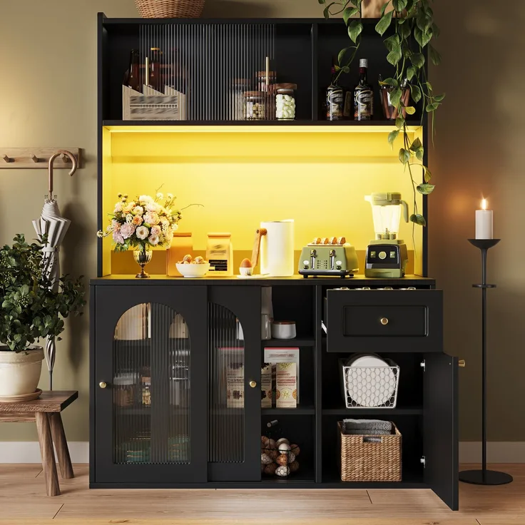 Merax Küchenschrank, Hochschrank, Vitrinenschrank, Buffetschrank mit Verstellbaren Ablagen, Esszimmerschrank, Sideboard mit LED-Beleuchtung, schwarz