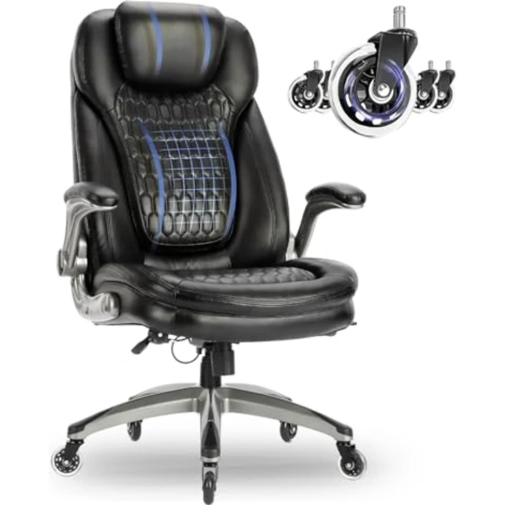 COLAMY Hochlehner Chefsessel aus Leder, Ergonomischer Bürostuhl mit Flip-up-Armlehnen & höhenverstellbar - Office Chair mit leisen Rollen für Homeoffice und Büro-Schwarz – Bild 2