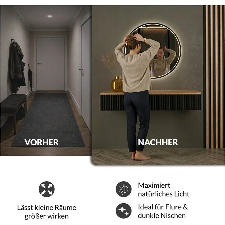 Planetmöbel VELUNA Dekospiegel mit LED-Beleuchtung, dimmbar 3000-6500K, rund, schwarz, 60 cm