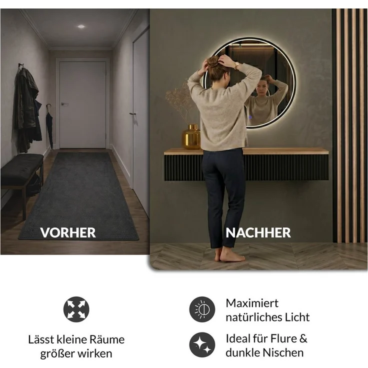 Planetmöbel VELUNA Dekospiegel mit LED-Beleuchtung, dimmbar 3000-6500K, rund, schwarz, 60 cm