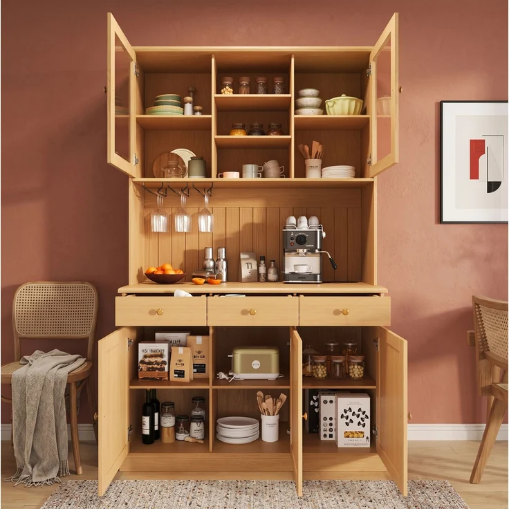Buffetschrank mit Glastüren, Gläserhalter & USB-Anschluss, 120x40x191 cm, Naturholz – Bild 2
