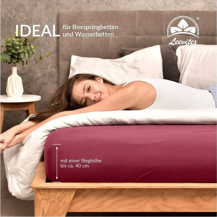 leevitex® Spannbettlaken, Premium 170g/m², Gummizug: rundum, schwer und dick, 100% Jersey-Baumwolle, Bordeaux / Weinrot, Topper | 140 x 200 - 160 x 220 cm – Bild 3