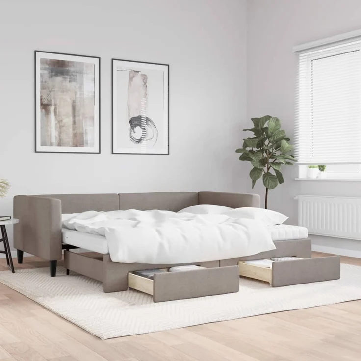 vidaXL Tagesbett Ausziehbar mit Schubladen Taupe 90x200 cm Stoff 3196635 – Bild 1