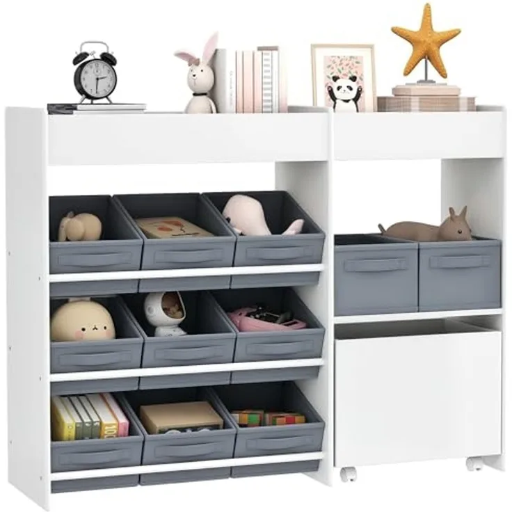 AIYAPLAY Spielzeugtruhe Spielzeugregal mit 11 Stoffboxen, oberen Fächern, 3 Stickern (Kinderregal, 1 St, Kinder Bücherregal), für Kinderzimmer, Kindergarten, 105 x 30 x 80 cm, Weiß
