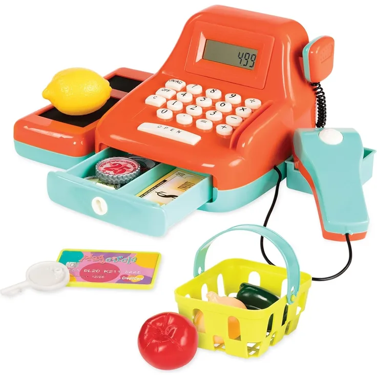 Battat Spielkasse Kinder mit Scanner und Sound, Kasse Spielzeug, Spielzeugkasse, elektronische Supermarktkasse – mit Kaufladen Zubehör Geld, Essen ab 3 Jahren