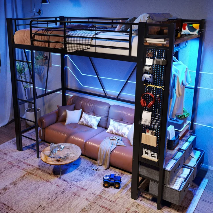 EINHOM Hochbett, 90 x 200 cm, Eisenrahmen, mit Trockenstab, mit Einlegeböden, 4 Schubladen, mit USB + Type-C, LED-Leiste, Geländer, Trittleiter, mit Lochbrett, Schwarz (Ohne Matratze) – Bild 6