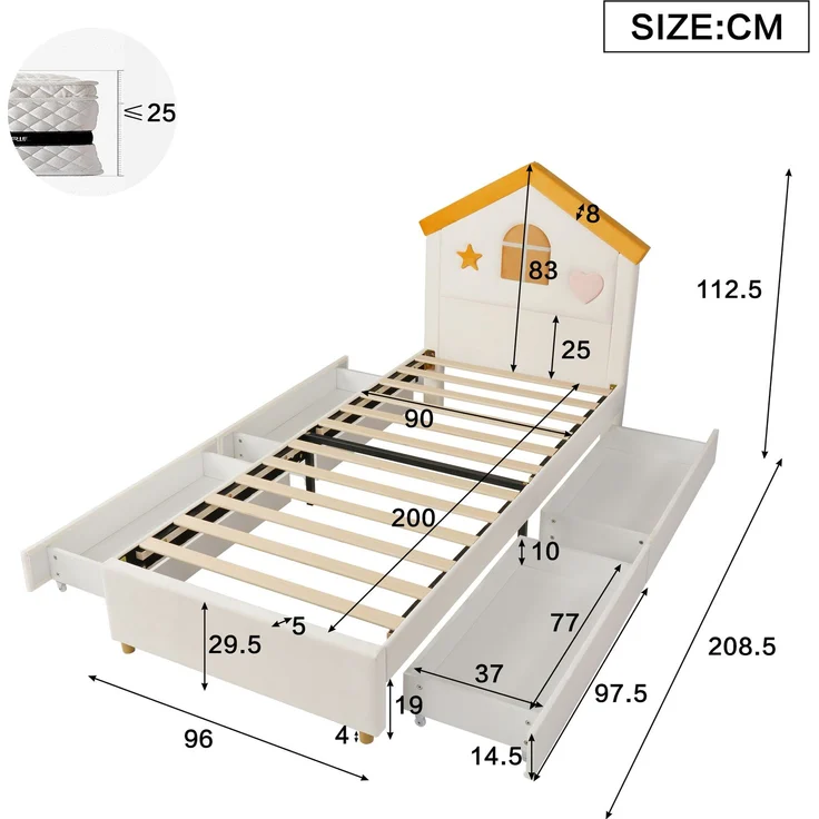 Merax Kinderbett, 90x200 cm, Polsterbett, mit 4 Schubladen, Stauraumbett für Kinderzimmer, Jugendbett mit französischem Samt, gepolstertes Bett mit Haus-Kopfteil, Beige – Bild 4