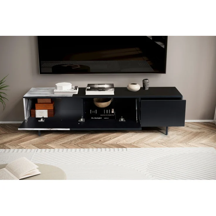 Lowboard Schwarz mit Marmor-Dekor in Weiß 150x40x40 cm TV-Kommode Modern, Des... – Bild 4