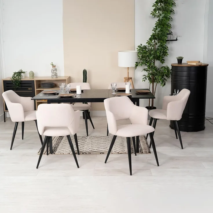MEUBLE COSY Esstisch mit 6 Esszimmerstühle, Essgruppen, 7er-Set, Ausziehbarer Esstisch, Küchentisch mit 6 Essstühlen, Stahlgestell, für Esszimmer Küche Wohnzimmer, Schwarz + Beige