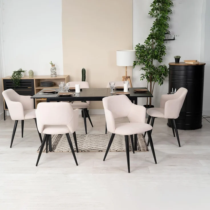 MEUBLE COSY Esstisch mit 6 Esszimmerstühle, Essgruppen, 7er-Set, Ausziehbarer Esstisch, Küchentisch mit 6 Essstühlen, Stahlgestell, für Esszimmer Küche Wohnzimmer, Schwarz + Beige – Bild 1
