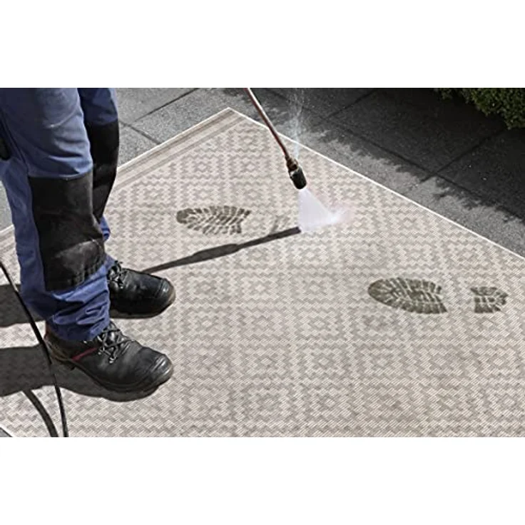 NORTHRUGS In- und Outdoor Teppich Raute 240x340 cm - Wetterfest Modern Geometrisches Raute Muster Design Teppich für Balkon Terrasse Garten Wintergarten Wohnzimmerteppich Wasserfest in Grau Creme – Bild 7