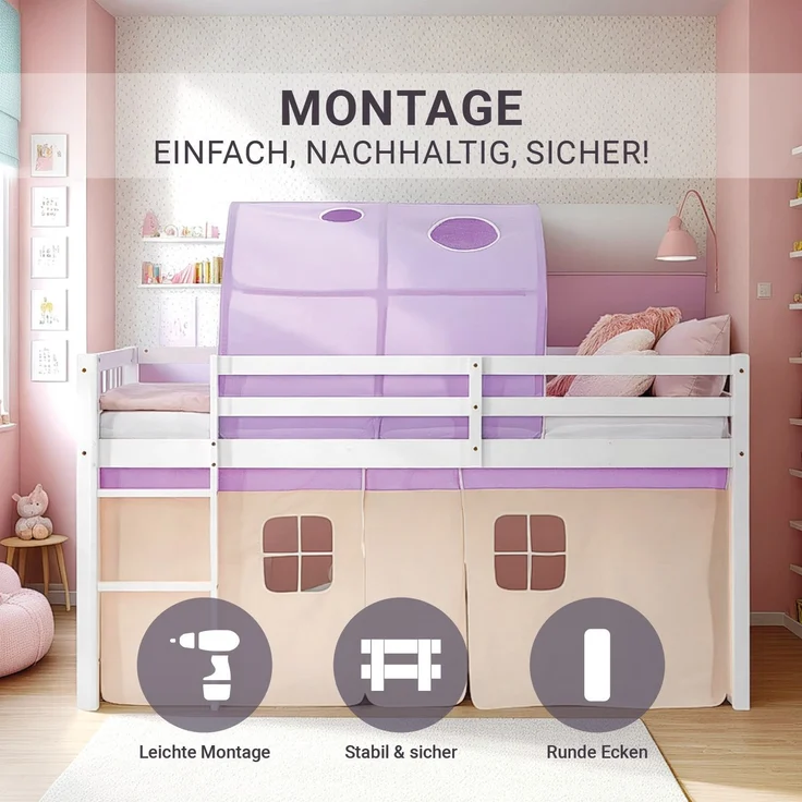 Hochbett Kinder 90x200 cm mit Lattenrost Kinderbett Kinderhochbett Stockbett Tunnel Vorhang Lila Peach Holz Massiv – Bild 6