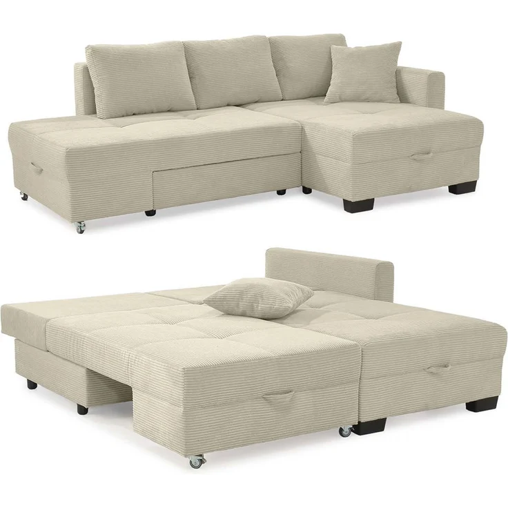 Ecksofa Schwenkfunktion Doppelbett Schlafcouch Bettkasten Cordbezug Beige Grau – Bild 1