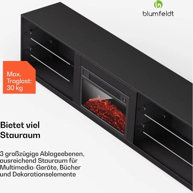 blumfeldt Lowboard Perth Medium Lowboard 160 fireplace, Fernsehschrank Schwarz TV-Schrank 3 Schubladen 160 x 30 x 40 cm(BxHxT) – Bild 4