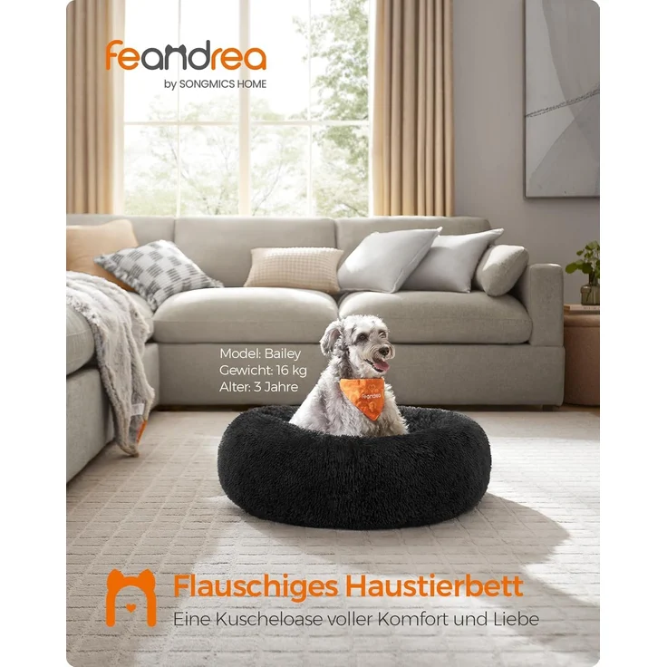 Feandrea Hundebett flauschig, Katzenbett, Donut Kissen, waschbar, Polsterung in der Mitte herausnehmbar, Langer Plüsch, 70 cm Durchmesser, tintenschwarz PGW039B01 – Bild 3