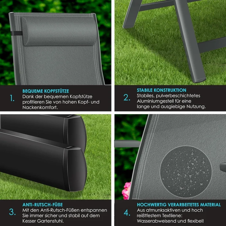 KESSER® Gartenstuhl Hochlehner mit Armlehnen | Aluminium Klappstuhl inkl. Kopfkissen Campingstuhl 7-Fach Verstellbar Rückenlehne | Atmungsaktiv & Wetterfest | Klappbar & Anti-Rutsch Anthrazit, 1 Stück – Bild 5