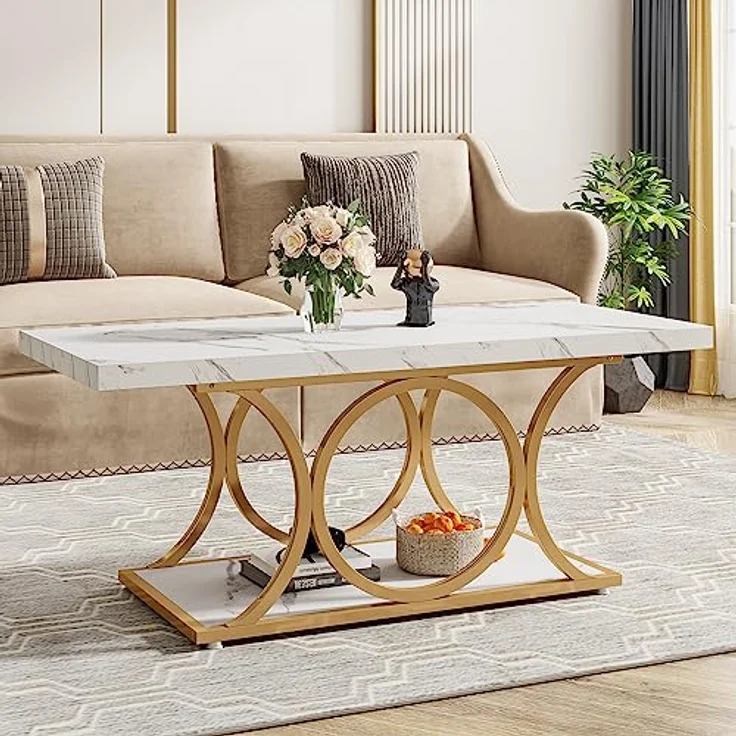 LITTLE TREE Weißer rechteckiger Couchtisch, 119 cm, moderner Couchtisch für Wohnzimmer, 2-stöckiger Couchtische aus Kunstmarmor, mit Stauraum, großer Mitteltisch mit goldfarbenen Metallbeinen – Bild 2