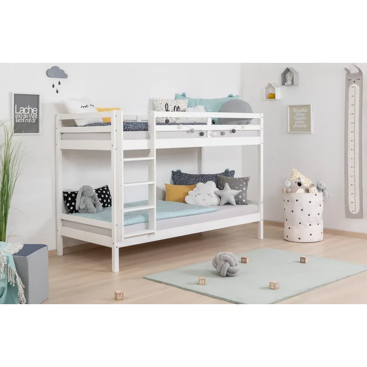 Ticaa Etagenbett René, Hochbett, Stockbett, TOPSELLER! 2 Farben, Schubkasten optional (90x200cm), FSC® zertifiziertes Massivholz, mit Trittleiter + Rundum-Absturzschutz