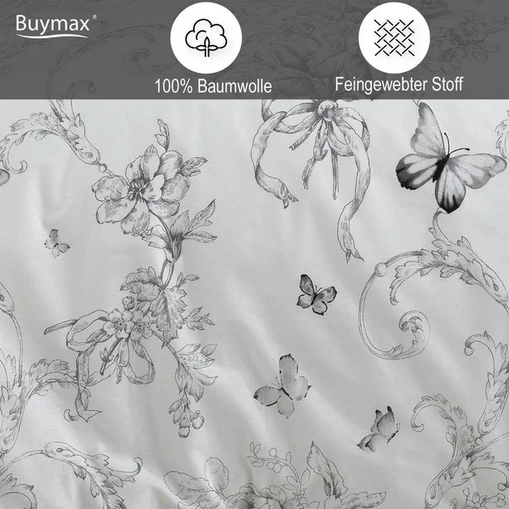 Buymax Bettwäsche Alegra, Renforcé: 100% Baumwolle, 4 teilig, 135x200 cm mit Reißverschluss, Geblümt Schmetterlinge, Schwarz Weiß – Bild 3