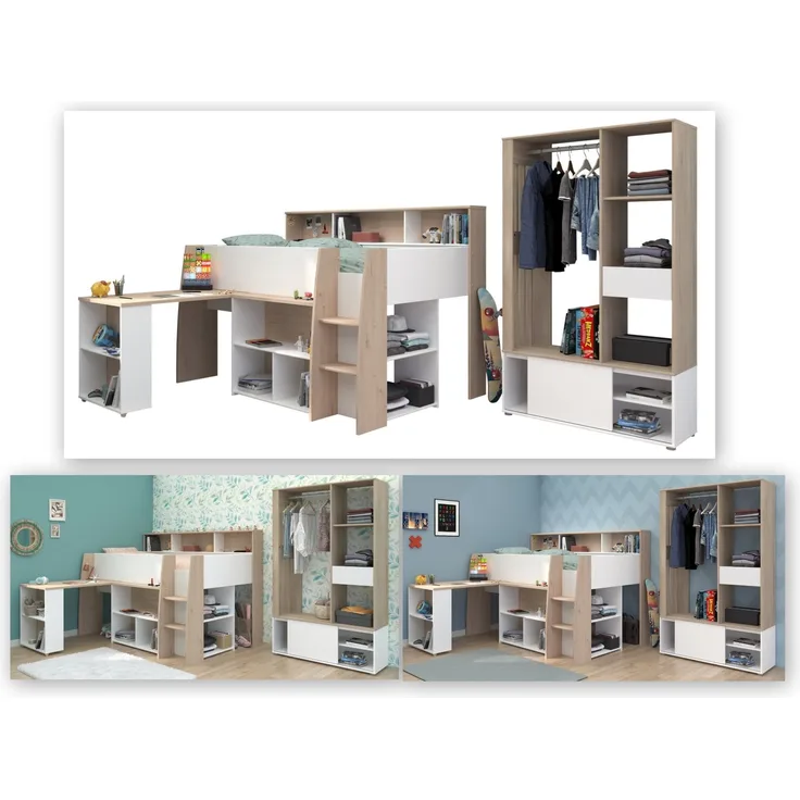 Kinderzimmer-Set >Lucas 11< 2-teilig, Weiss / Eiche Dekor, Hochbett mit Kleiderschrank