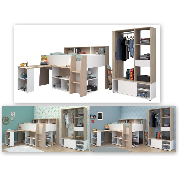 Kinderzimmer-Set >Lucas 11< 2-teilig, Weiss / Eiche Dekor, Hochbett mit Kleiderschrank – Bild 1