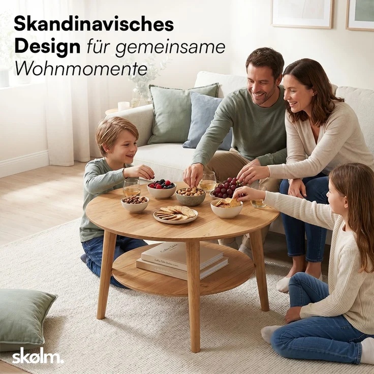 skølm 'Mjölnir' Couchtisch rund, Massivholz Eiche, natur geölt, Wohnzimmertisch Ø70 cm, Beistelltisch für Wohnzimmer mit Ablage – Bild 6