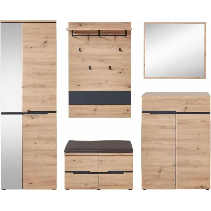 Garderobe Set MEMPHIS2 5-tlg Hochschrank Paneel Spiegel Kommode Bank Eiche braun