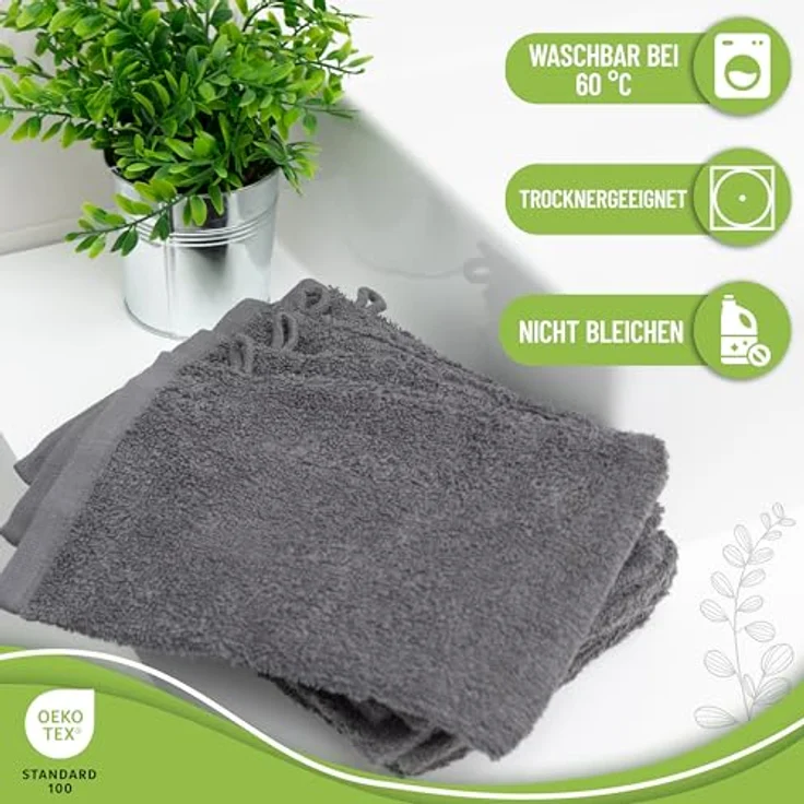 NatureMark 10er Pack Frottee Waschhandschuhe, Waschlappen, 100% Baumwolle, Anthrazit grau, 15x21 cm – Bild 6