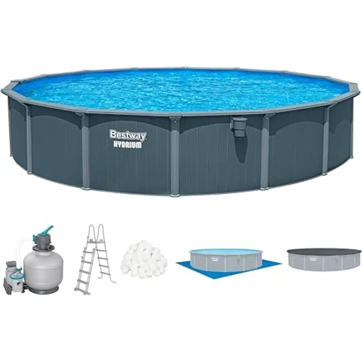 Bestway 561RP Hydrium Stahlwandpool Komplett Set mit Sandfilteranlage Ø 732 x 132 cm, Holz Optik (Grau), rund, WINTERFEST