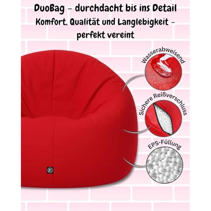 PATCH HOME 2-in-1 Sitzsack Sessel - Gaming Bean Bag mit Reißverschluss - Bereits befüllt, Ergonomisch & Robust für Kinder & Erwachsene - Indoor & Outdoor, Wetterfest (Rot, 155cm) – Bild 6