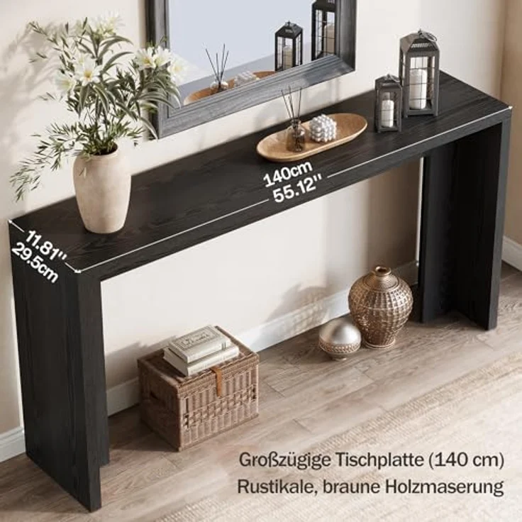 LITTLE TREE Konsolentisch im Landhausstil, 140 cm Langer Sofatisch aus Holz mit Stauraum für Eingangsbereich, Foyer, Flur, Wohnzimmer, einfache Montage (Schwarz) – Bild 4