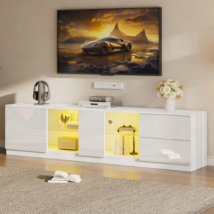 TV-Schrank Lowboard aus MDF mit LED-Beleuchtung, 2 Schubladen & 1 Schrank, für bis zu 65 Zoll, 160x40x52 cm, Weiß