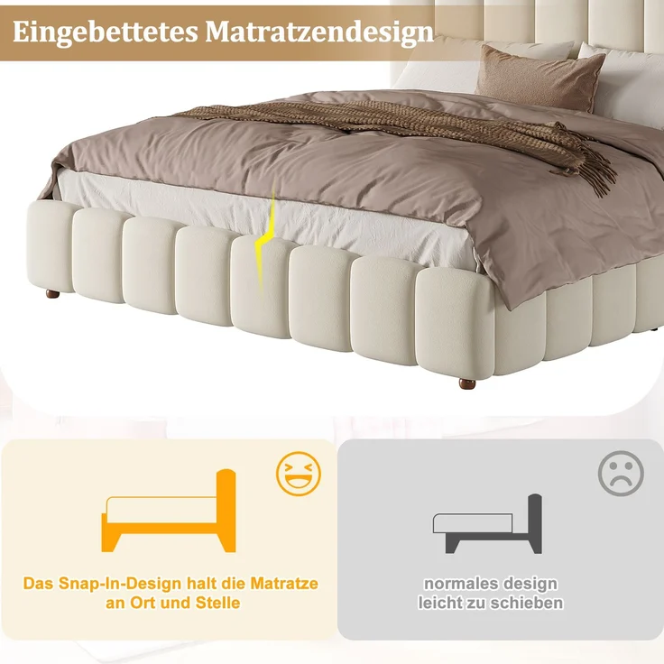Merax Polsterbett, Doppelbett, 200*200cm, Bett mit Lattenrost und gepolstertes Kopfteil, Beine aus Massivholz, beige, samt – Bild 7