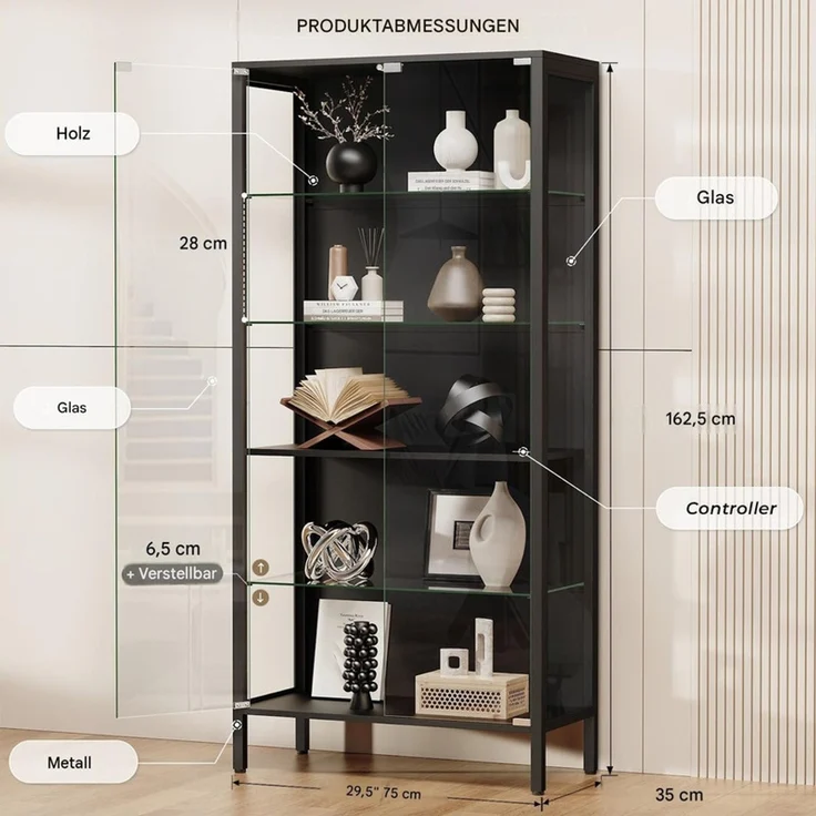 Glasvitrine 75x35x162.5 cm, 5-stöckige Vitrine mit LED-Beleuchtung, verstellbaren Glasböden und Sensor, Schwarz – Bild 4