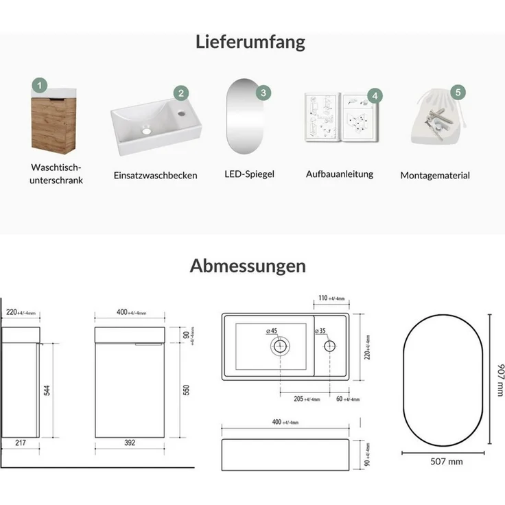 Planetmöbel Badmöbel-Set Badmöbel-Set 40cm mit Spiegel, (Waschbecken mit Unterschrank, 3-St, Spiegel mit Beleuchtung) – Bild 2