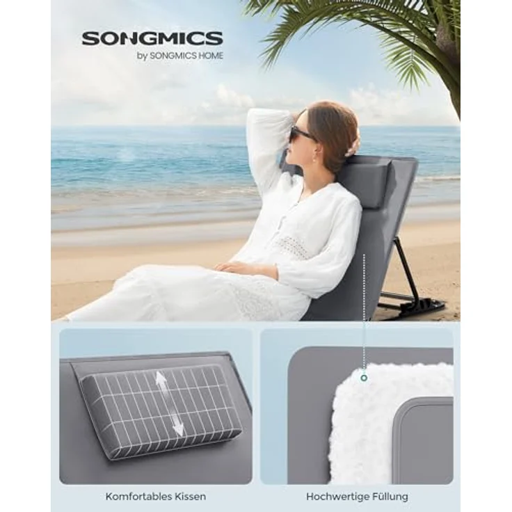 Songmics Strandstuhl, 2er Set, Campingstuhl, Sonnenliege, Strandliege, klappbar, verstellbare Rückenlehne, leicht tragbar mit Griff, für Camping, Garten, Pool, 158x55 cm, schiefergrau GCB251G01 – Bild 4