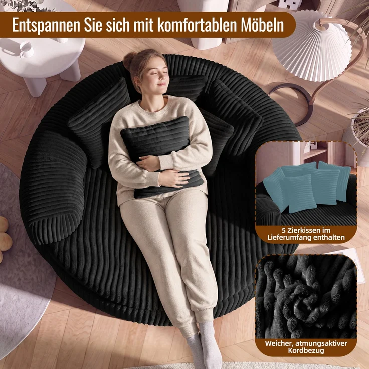 Abrihome Sitzsack mit Armlehnen und Rückenkissen, Schwarz, 145x133x59 cm – Bild 7