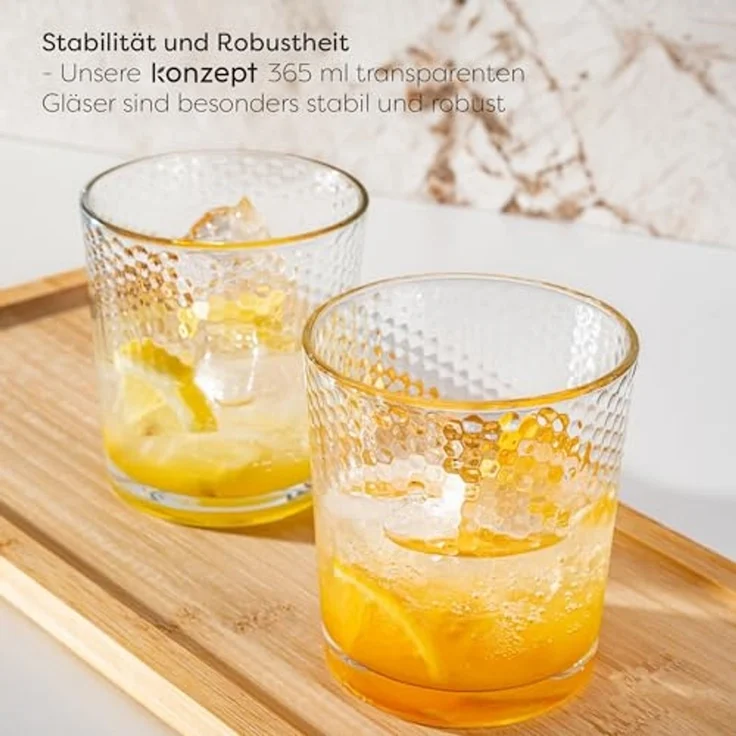 KONZEPT Gläser-Set Transparente Trinkgläser Set 365 ml 6 Stk. Stapelbar, 6-tlg, 6-teilig, Strukturierte Gläser Ideal für Wasser, Saft, Milch – Bild 6