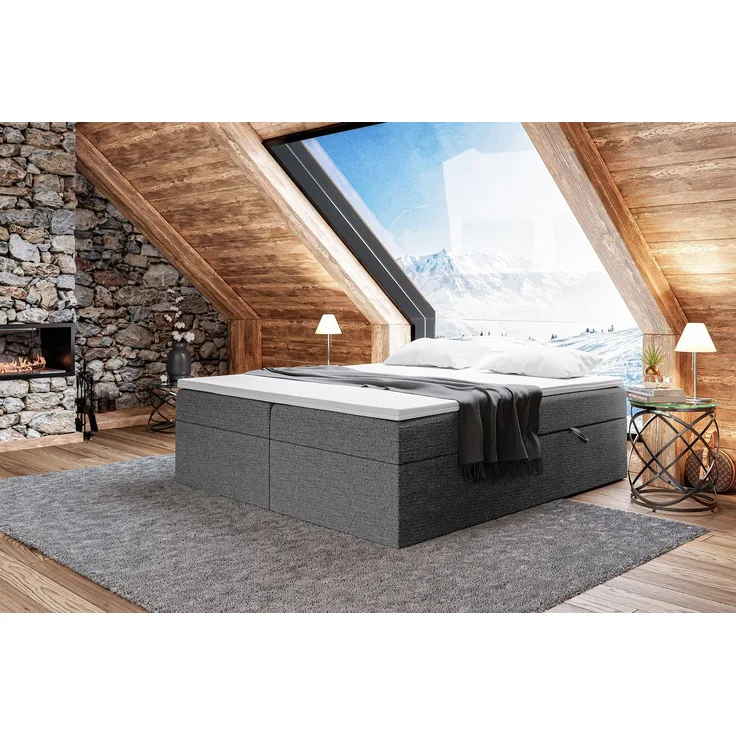 MEBLINI Boxspringbett LIONEL 200x200cm - H4/Dunkelgrau Webstoff - mit Bettkasten - Gepolstert Doppelbett mit Matratze und Topper - Polsterbett mit Stauraum - Bett ohne Kopfteil - Stauraumbett