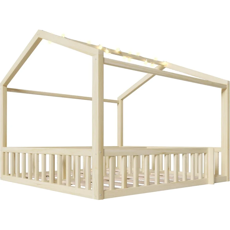 Hausbett mit LED Kugel-Lichterkette, 90x190cm*2/180x190cm, Kinderbett mit Rausfallschutz und Lattenrost, Kiefer – Bild 9