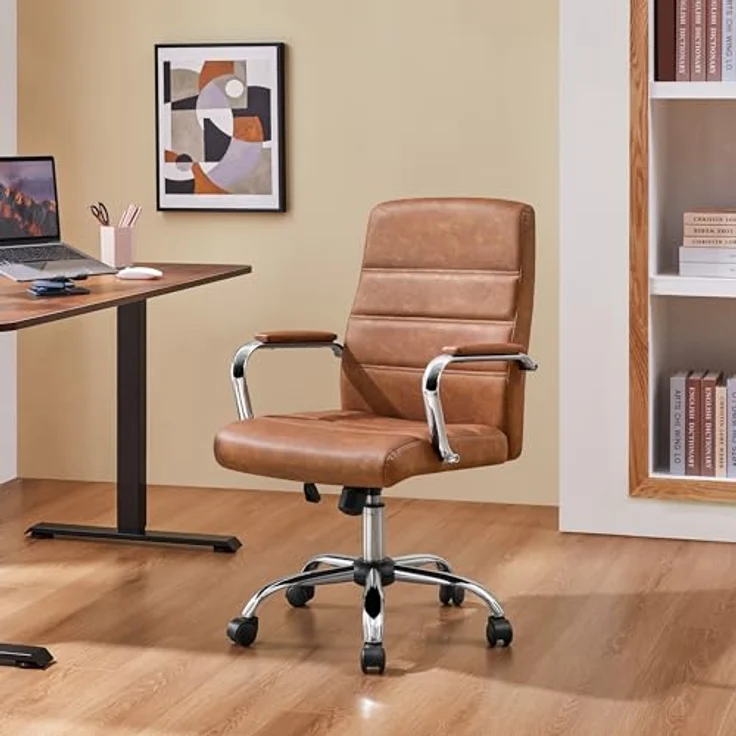 Yaheetech Bürostuhl ergonomischer Schreibtischstuhl, Drehstuhl mit Rollen, Bürohocker mit Armlehnen, Arbeitsstuhl mit Rückenlehne, Chefsessel Belastbar bis 130kg, Rostbraun – Bild 3