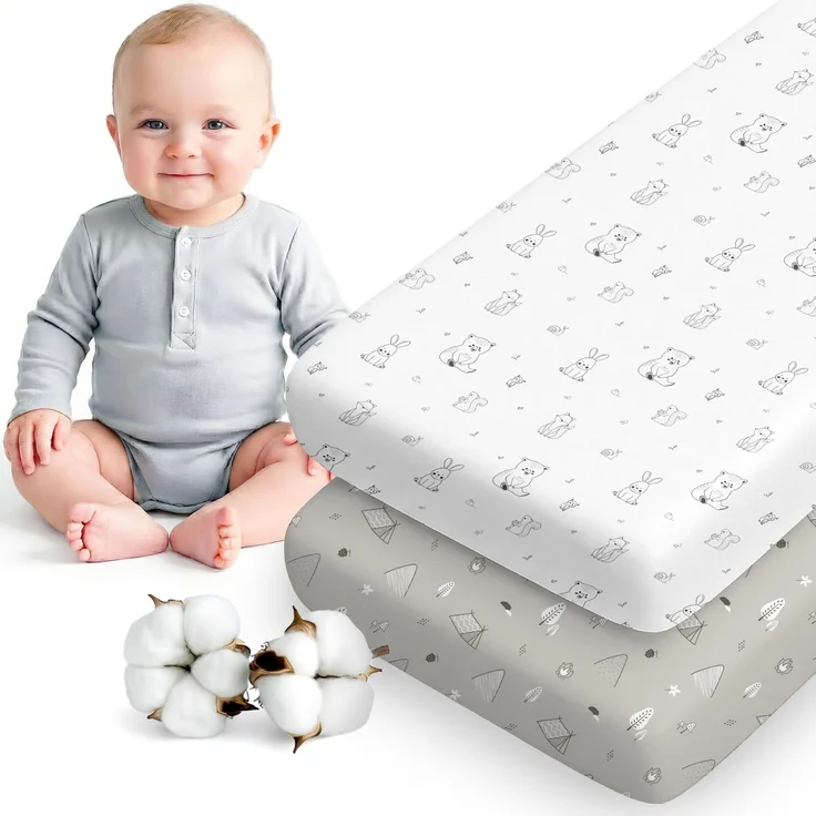 Dreamzie 2er Set Spannbettlaken 40x90 cm Beistellbett - Baumwolle Oeko-Tex - Bettlaken für Stubenwagen & Babybett klein - Woodland Weiß/Grau