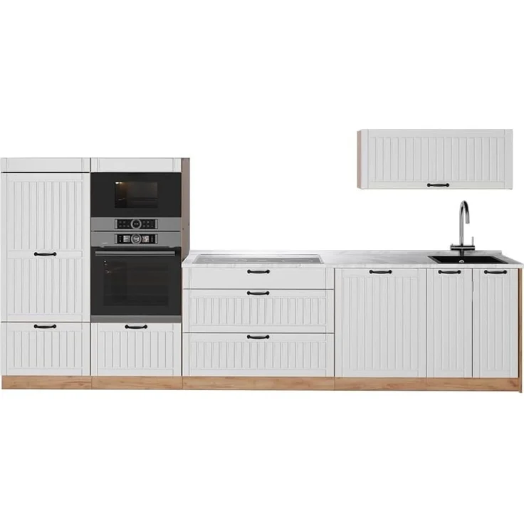 Küchenzeile Fame-Line Weiß Landhaus/Goldkraft Eiche 340 cm, AP Marmor Vicco – Bild 1