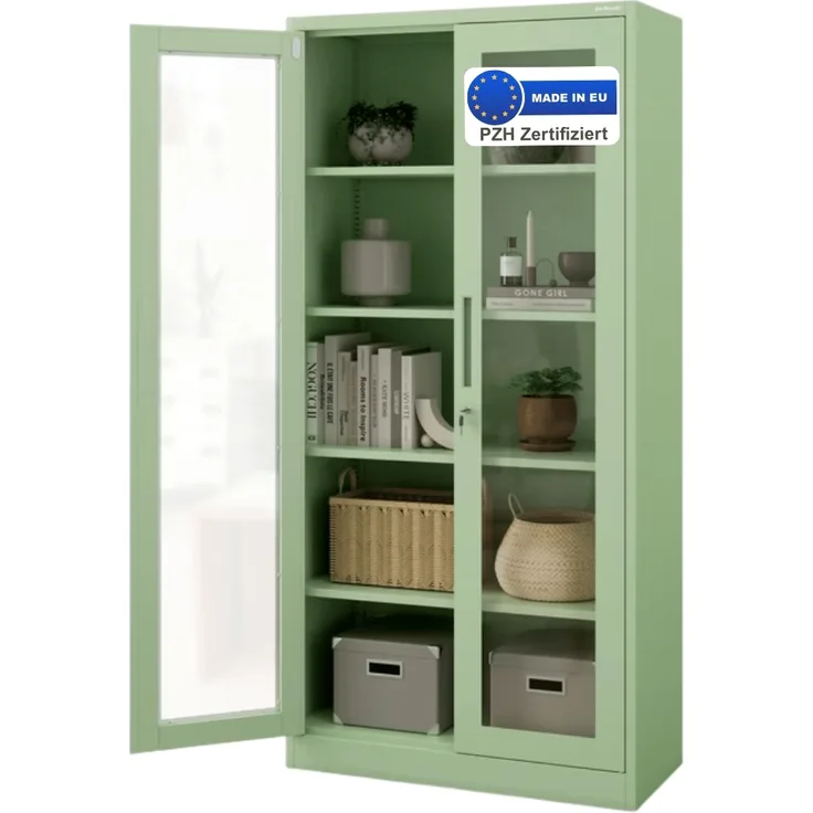 Vitrinenschrank abschließbar ELLO - Glastüren, 5 Ebenen | Büroschrank aus Stahl Aktenschrank mit Glasfenster Metallschrank Mehrzweckschrank, 185x90x40cm Pastellgrün