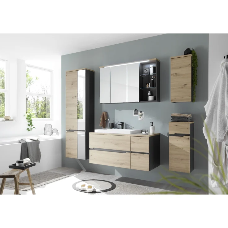 Badezimmerspiegelschrank >Memphis< Grau / Artisan Eiche Dekor - 110x70x20 (BxHxT) – Bild 6
