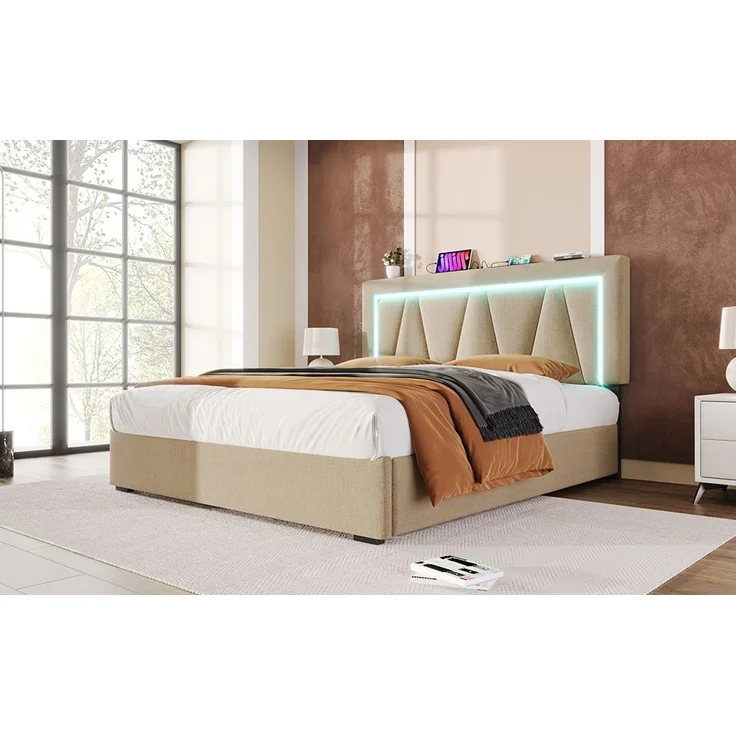Polsterbett 160x200 cm aus Leinen mit Stauraum, USB- und Type-C-Anschluss und LED-Beleuchtung – Bild 4