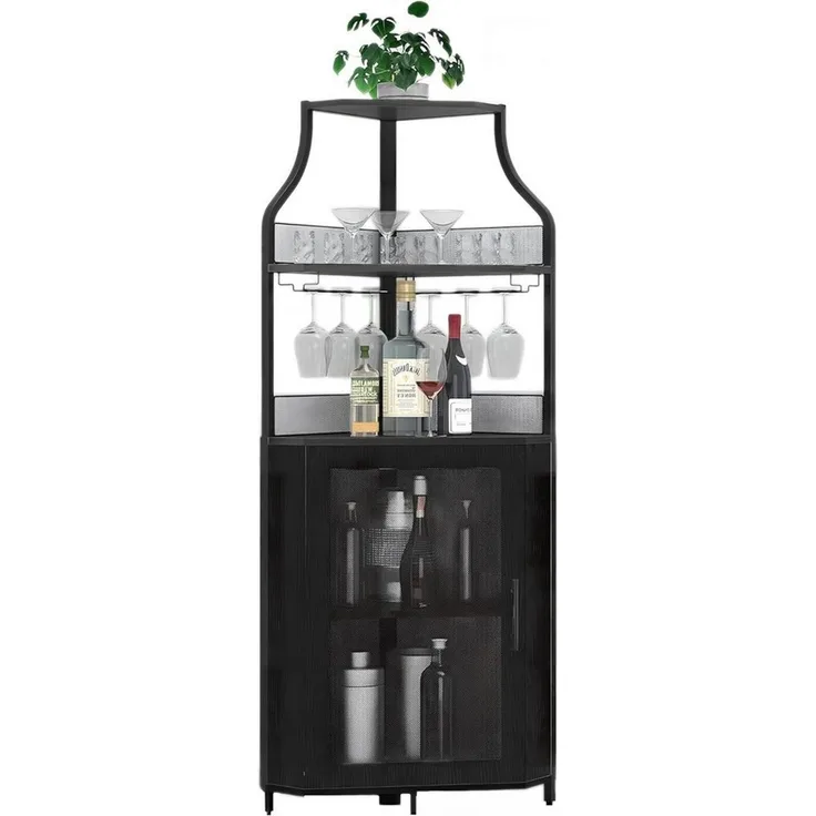 GarveeMore Weinschrank 5-stöckiges mit Glasständer und verstellbaren Regalen,47x32x154cm industrielles Eckschrank,Barschrank mit Türen aus Metallgitter für bar