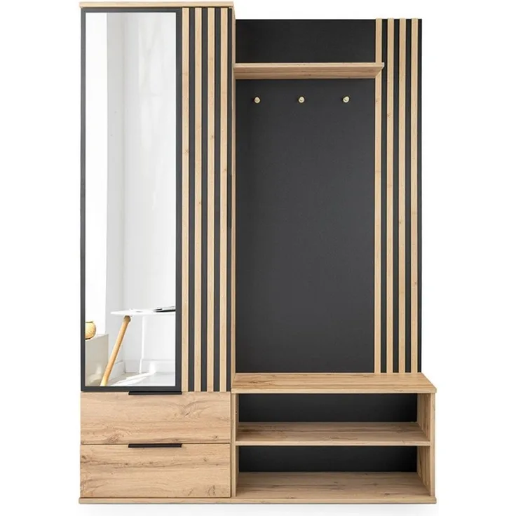 Deine Möbel 24 Garderobe LEONI mit Spiegel und Schubladen, Flurgarderobe in Schwarz Eiche Wotan (Set, 1 St, Robuste Verarbeitung mit ABS-Kanten, langlebig & pflegeleicht), Garderoben-Set, modern mit Lamellen und viel Stauraum